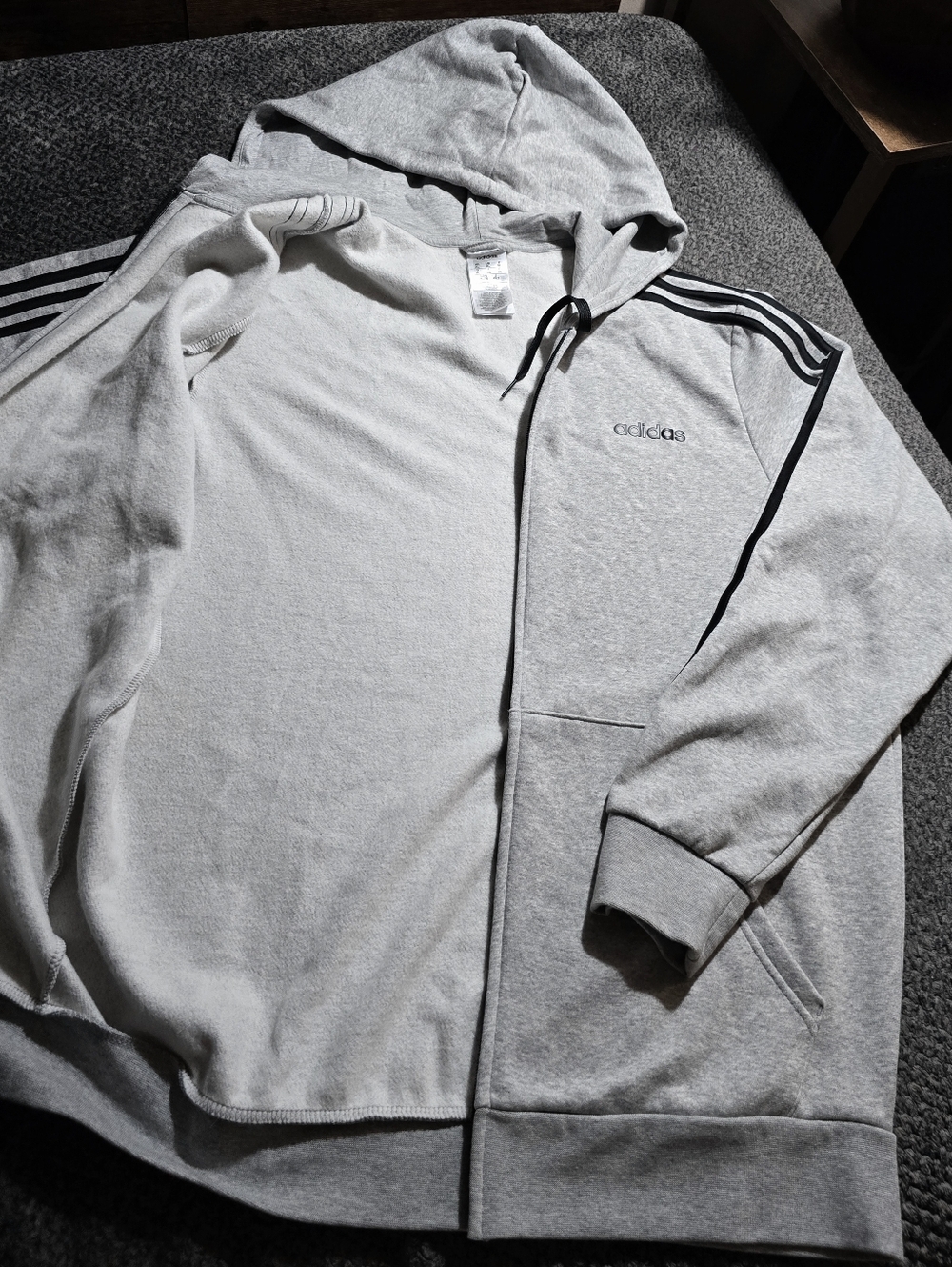 Adidas Gray Full Zip Hoodie 3 Stripe Sleeve Men’s XL - Picture 5 of 9